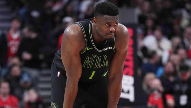 Zion Williamson waits for the play to begin in a game against the Toronto Raptors.